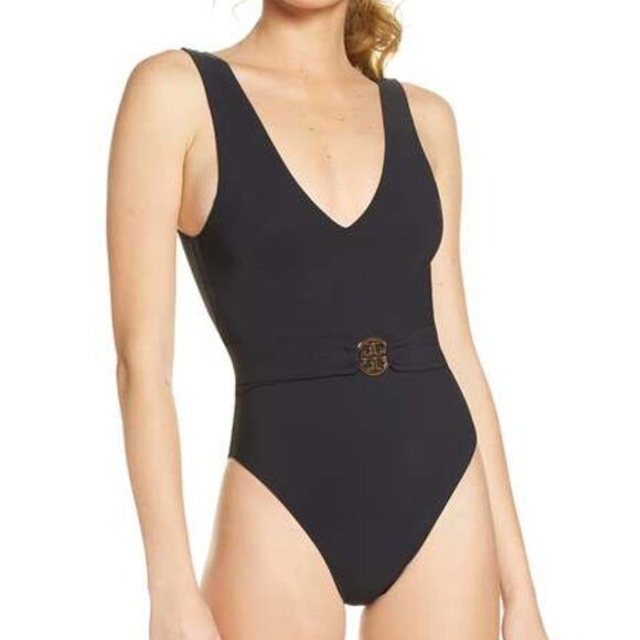 NWT! Tory Burch Black Miller Plunge Belted One Piece Swimsuit NEW! - Picture 1 of 5